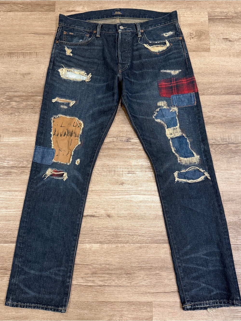 Polo Ralph Lauren Varick Slim Straight Patchwork Denim Distressed Jeans 34x32